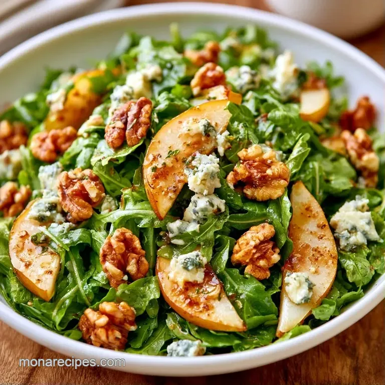 Vibrant green leaves topped with pale pear slices and creamy blue cheese crumbles on a minimalist ceramic plate.