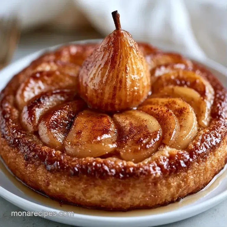 Flaky golden pastry topped with glazed pear slices on a white ceramic plate, garnished with a fresh mint leaf.
