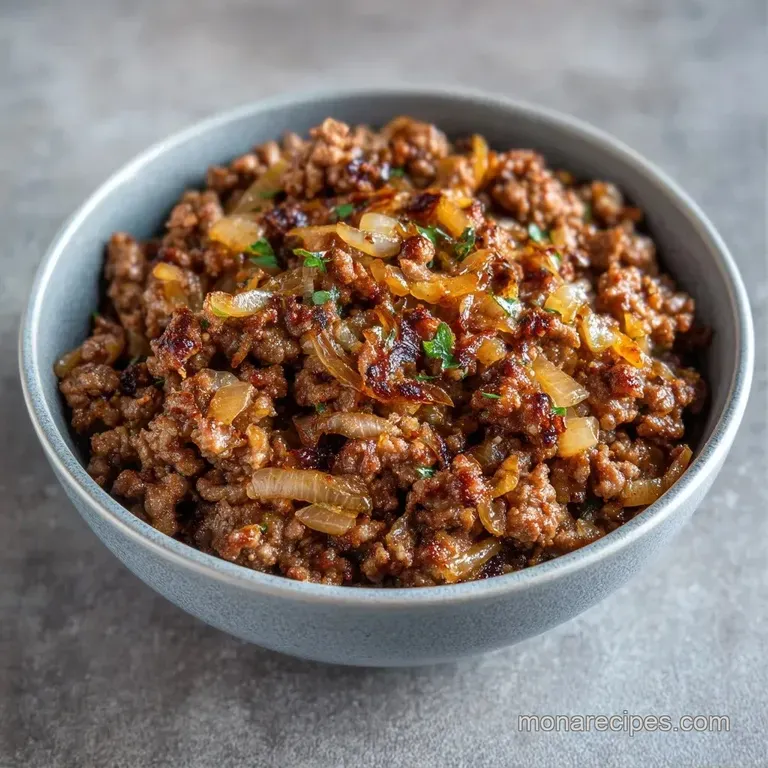 A shallow white bowl of savory browned beef and colorful diced carrots, garnished with a sprig of fresh parsley.