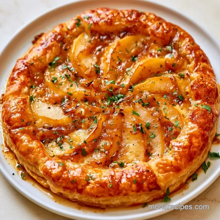 Golden sliced tart on a white ceramic plate garnished with fresh thyme leaves and a side of crisp mixed greens.