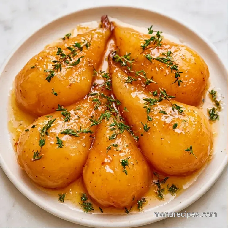 An elegant arrangement of pale golden pears atop a creamy goat cheese spread with a drizzle of reduced wine syrup.