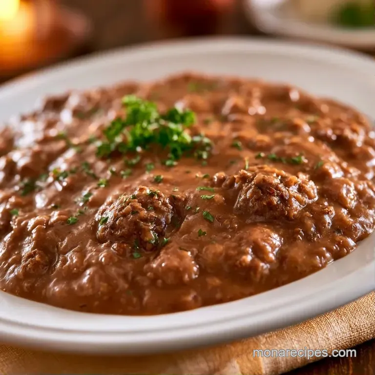 Velvety brown meat sauce poured over a mountain of fluffy white mashed potatoes, garnished with fresh chives.