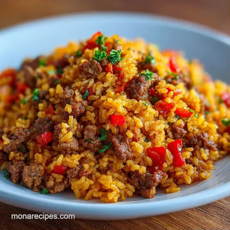 A colorful mound of seasoned yellow rice and savory beef garnished with fresh cilantro on a white dinner plate.