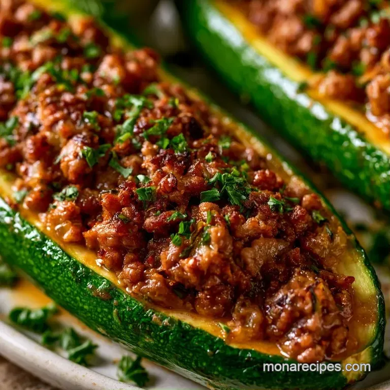 Three stuffed zucchini halves on a white platter, topped with bubbly melted cheese and bright green parsley.