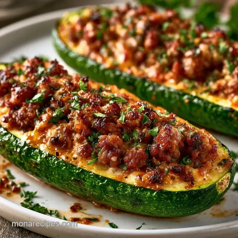 Two stuffed green squash halves on a white ceramic platter, drizzled with red sauce and garnished with basil leaves.