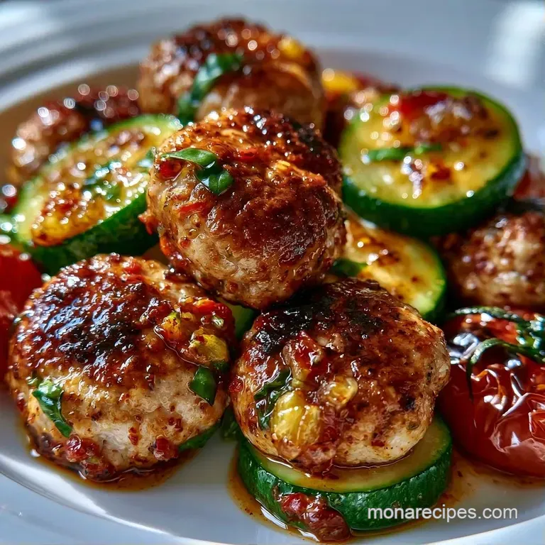 Browned sausage rounds and saut&eacute;ed zucchini coins arranged neatly on a white plate with a sprinkle of red pepper.