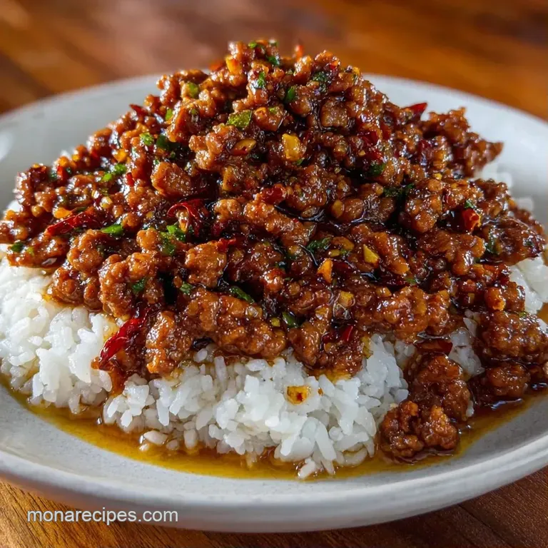 Savory browned beef crumbles plated on white porcelain, accented with vibrant green parsley and a hint of steam.