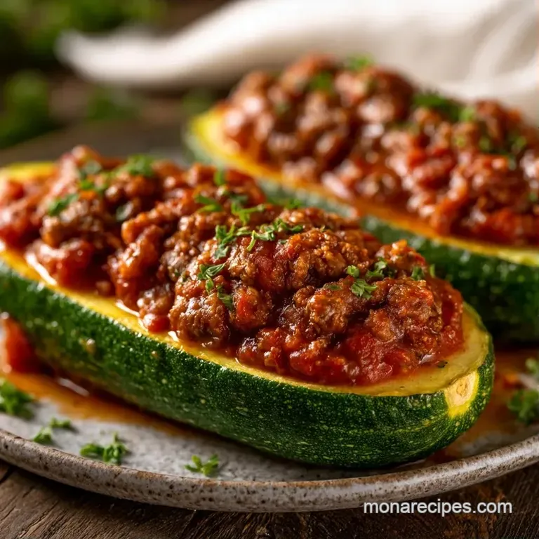 Two hollowed green squash halves filled with savory meat and melted cheese arranged on a clean white platter.