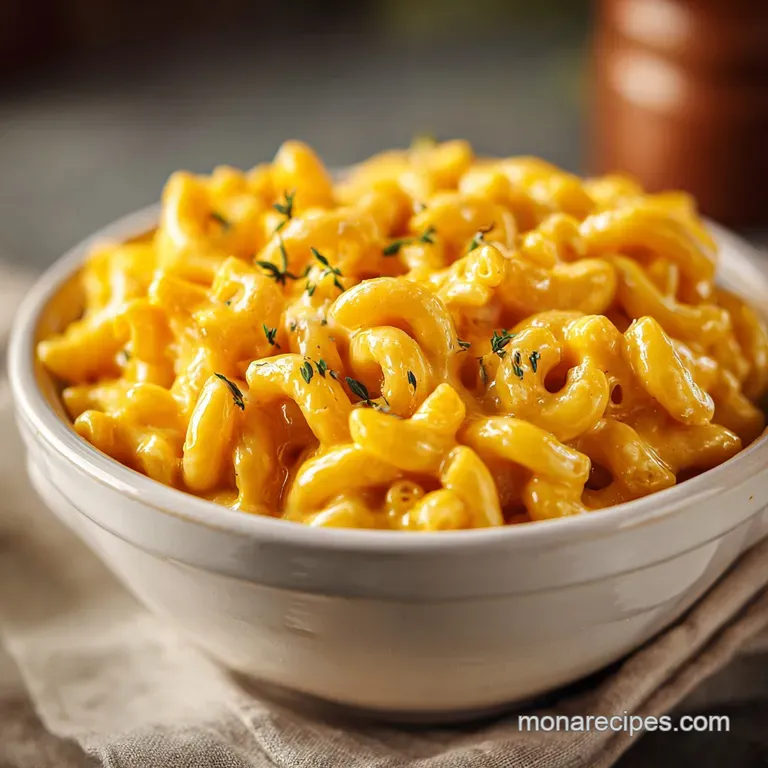 Creamy white pasta served in a white ceramic bowl with a drizzle of oil and a delicate sprig of fresh thyme.