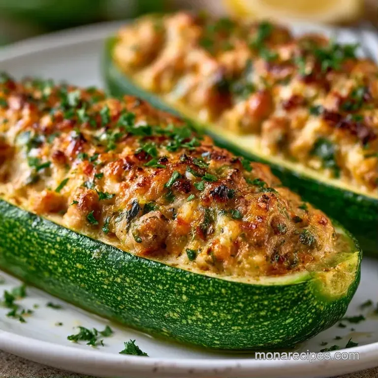 Savory stuffed zucchini halves with melted bubbly cheese, garnished with fresh parsley on a sleek white platter.