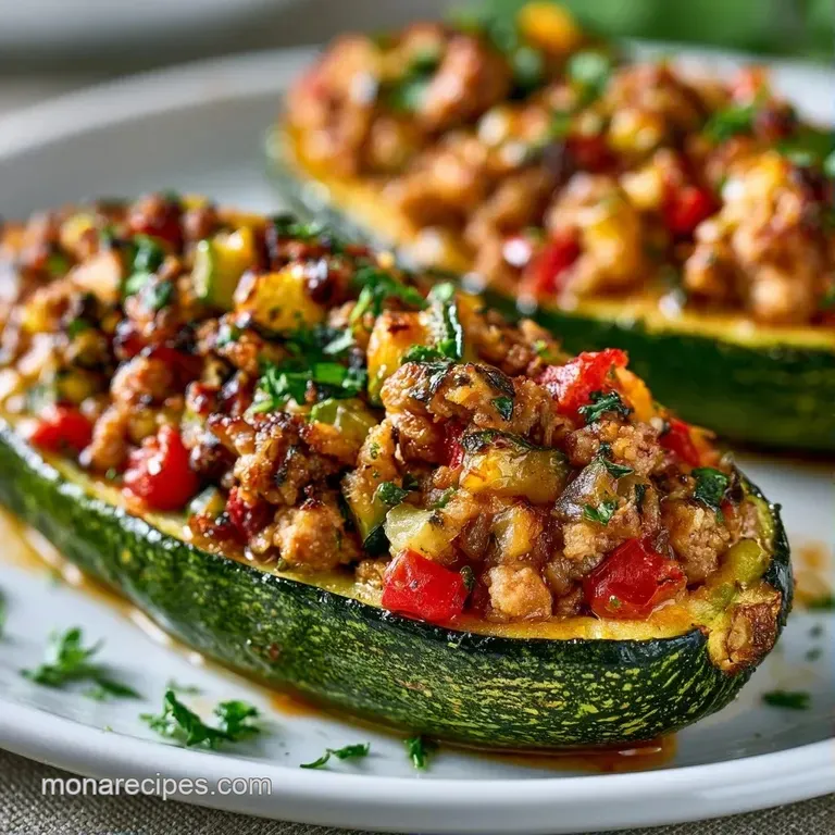 Two green zucchini halves filled with savory browned meat, drizzled with sauce, and set on a rustic wooden board.