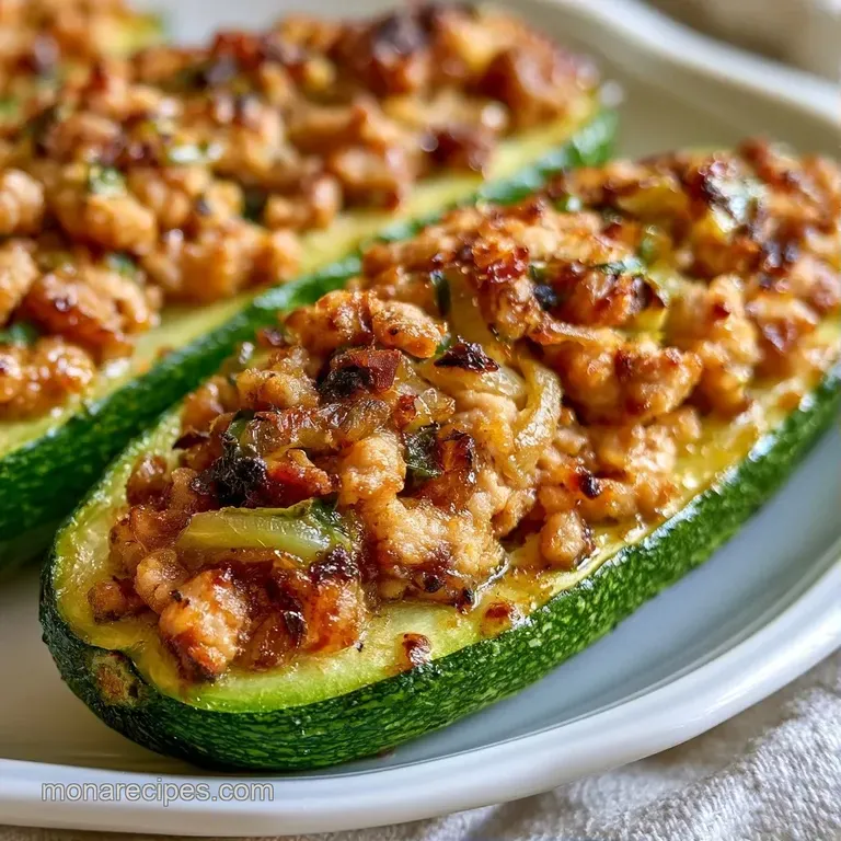 Two hollowed green squash halves filled with savory meat and melted cheese, garnished with bright red pepper flakes