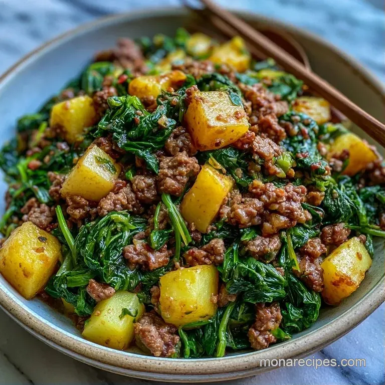 A square slice of cheesy beef bake on a ceramic plate, garnished with fresh parsley and a drizzle of rich sauce.